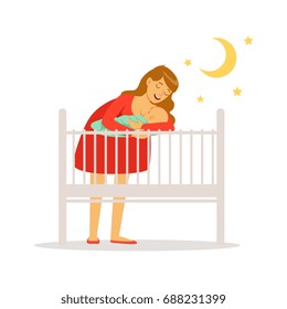 Young Mother In Red Dress Putting Her Newborn Baby To Bed Colorful Vector Illustration