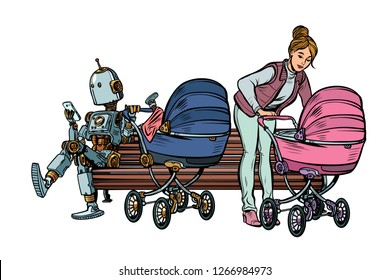 young mother and robot with a baby carriage, park bench. Pop art retro vector illustration kitsch vintage