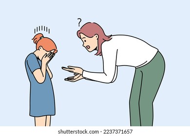 Young mother scolding unhappy crying small daughter. Confused mom talk with upset distressed girl child. Motherhood problem. Vector illustrations. 