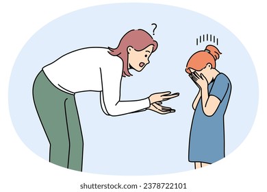 Young mother scolding unhappy crying small daughter. Confused mom talk with upset distressed girl child. Motherhood problem. Vector illustrations.