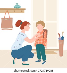 Young mother seeing her kid, little boy off for school, getting him ready near entrance door, flat cartoon vector illustration isolated on white background. Mom seeing her son off to school