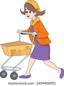 Young mother is shopping at the beginning of the month, daily necessities market, cartoon flat illustration