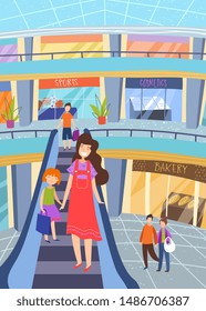 Young mother shopping with her little daughter holding hands as they descend on an indoor escalator in a shopping mall, cartoon vector illustration