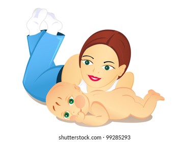 Young mother or sister and baby lie down together. The girl looks tenderly at the child