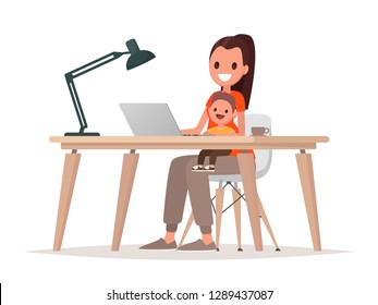 Young Mother Sits With A Baby And Works At A Laptop. Mother Freelancer, Remote Work At Home And Raising A Child. Vector Illustration In Flat Style