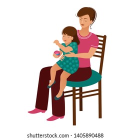 A young mother sits with a small child in her lap. A woman with a cute little daughter in her arms is sitting on a chair. Flat style, isometry on white background, vector illustration
