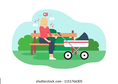 Young mother is sitting on the bench, holding coffee mug in one hand and smartphone in other, reading messages. The stroller is standing near bench. Flat style vector illustration, park background