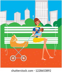 young mother sitting on the bench in a park and feeding her baby. vector