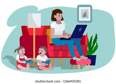Young mother sitting on a couch and working from laptop with her two children, boy and girl, playing with her shoes. Cartoon style vector illustration.