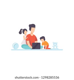 Young Mother Sitting on Floor and Working on Laptop Computer, Her Daughter and Son Playing Next to Her, Freelancer, Parent Working with Child, Mommy Businesswoman Vector Illustration