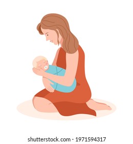 Young Mother Sitting on Her Knees with Her Newborn Wrapped in Baby Linen Vector Illustration