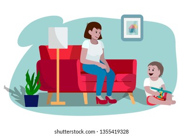 Young mother sitting on a red couch and talking to her little son. Young woman and baby boy are smiling. Happy family concept. Flat style isolated vector illustration.