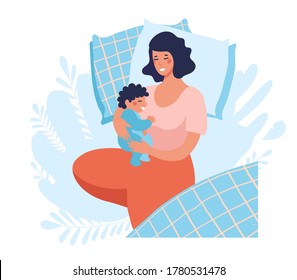 A young mother sleeps with a newborn baby. Joint sleep with a baby. The woman sleeps, smiles and hugs her son. Flat vector illustration