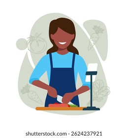 young mother slicing cooking ingredients