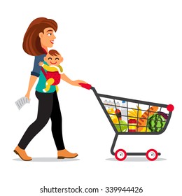 Young mother with son baby toddler in a sling pushing supermarket shopping cart full of groceries. Flat style vector illustration isolated on white background.