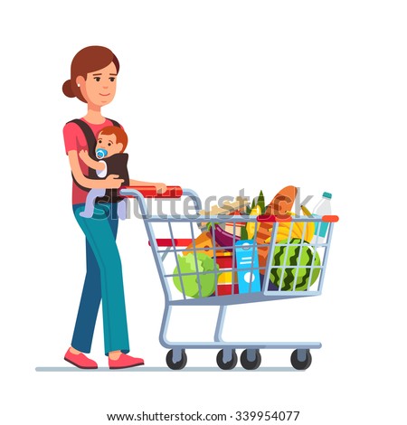 Similar – Image, Stock Photo Mother pushing shopping cart with her infant baby boy child down department aisle in supermarket grocery store. Shopping with kids concept.