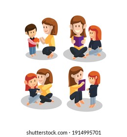 Young mother With Son and Daughter Set . Happy Mothers Day concept . Vector illustration 