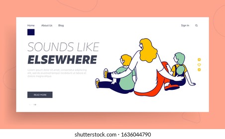Young Mother with Son and Daughter Weekend Relax, Maternity Website Landing Page. Woman with Children Sitting on Floor Rear View Relaxing Web Page Banner. Cartoon Flat Vector Illustration, Line Art