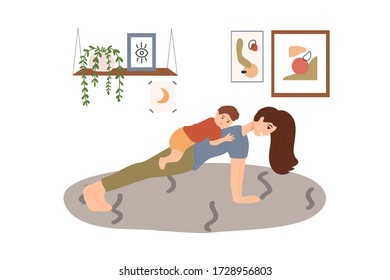 Young mother and son do sport activity at cozy home. Yoga and fitness, healthy lifestyle during quarantine. Sport with children, family time concept. Flat cartoon vector illustration.