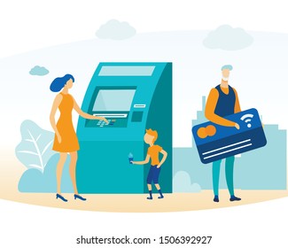 Young Mother with Son Enter Pin Code on ATM Keyboard. Man Goes Away Holding Plastic Card with Contactless Payment Technology. Vector Cartoon People and Money Transaction Flat Illustration