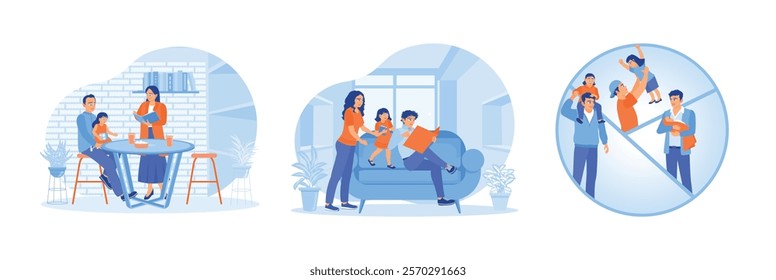 Young mother spending time with family at home. Young parents read a book to their daughter in the living room. Father takes care of and plays with children at home.