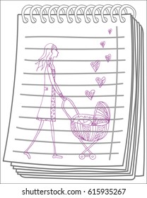 Young mother with a stroller on notebook background. Woman with baby. Vector illustration