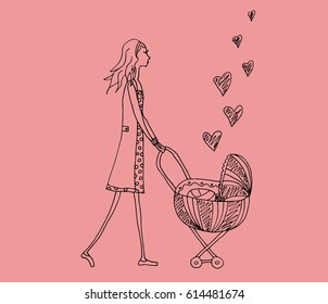 Young mother with a stroller on red background. Woman with baby. Vector illustration