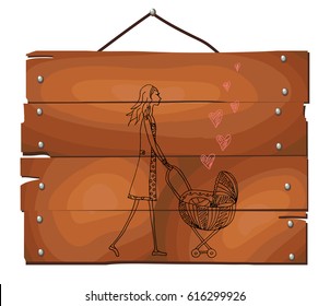 Young mother with a stroller on wooden plank background. Woman with baby. Vector illustration