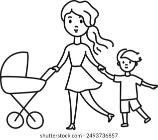 Young mother with stroller and son doodle line hand drawn. Vector illustration isolated on white