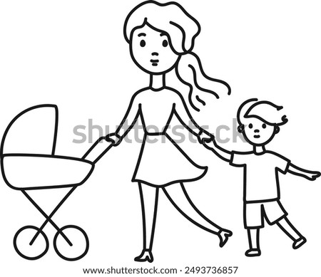 Young mother with stroller and son doodle line hand drawn. Vector illustration isolated on white
