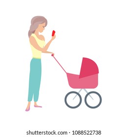 a young mother with a stroller and a telephone