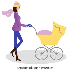 Young mother with a stroller in winter time