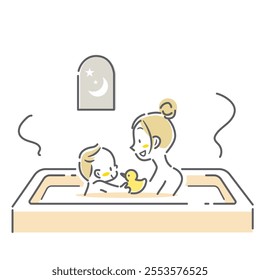 A young mother taking a bath with her baby. Simple and stylish line drawing illustration