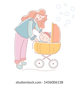Young mother taking her small baby for a walk in a pram or stroller reaching forwards to make sure the infant is comfortable and safe