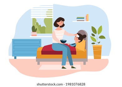 Young mother is taking the temperature of little sick daughter at home in bedroom. Mom taking care of young child. Concept of motherhood. Flat cartoon vector illustration.