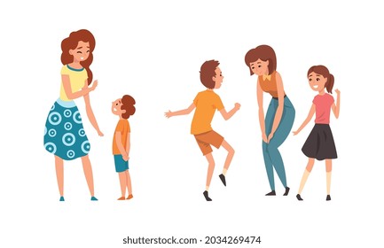 Young Mother Talking to Her Little Son and Daughter Vector Set
