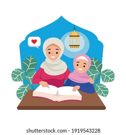 Young mother teaching her daughter to read quran. Islamic educational concept. Flat vector isolated.