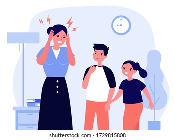 Young Mother Tired Of Migraine. Cartoon Children Worried About Mom Flat Vector Illustration. Depression And Headache Concept For Banner, Website Design Or Landing Web Page