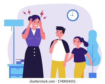 Young mother tired of migraine. Cartoon children worried about mom flat vector illustration. Depression and headache concept for banner, website design or landing web page