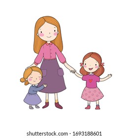 Young mother and two daughters. Cute cartoon sisters. Happy family. Kindergarten teacher