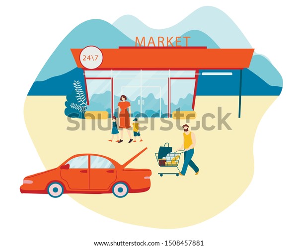 Young Mother with Two Kids Boy and Girl\
Leaving Supermarket Going to Parked Car, Father Pushing Shopping\
Trolley with Products and Paper Bag to Open Automobile Trunk.\
Cartoon Flat Vector\
Illustration