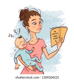 Young mother under stress due to baby crying. Read the instruction manual to baby. Cartoon vector illustration.