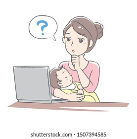 Young mother using her laptop computer.  Shopping ,searching or other use. Vector illustration.