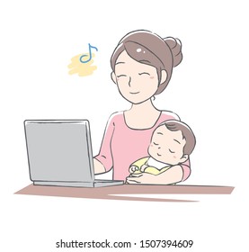 Young mother using her laptop computer.  Shopping ,searching or other use. Vector illustration.