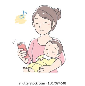 Young mother using her mobile phone.  Shopping ,searching or other use. Vector illustration.