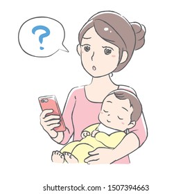 Young mother using her mobile phone.  Shopping ,searching or other use. Vector illustration.
