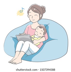 Young mother using her tablet.  Shopping ,searching or other use. Vector illustration.