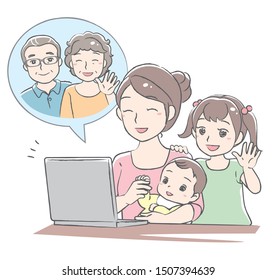 Young mother using Skype with her children. Distant call. Vector illustration.