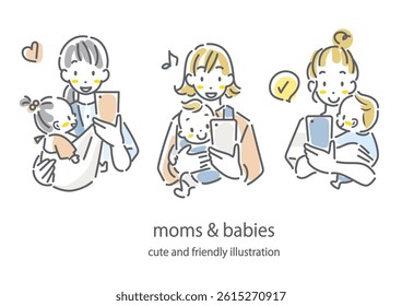A young mother using a smartphone while holding a baby. A stylish and cute hand-drawn line drawing illustration