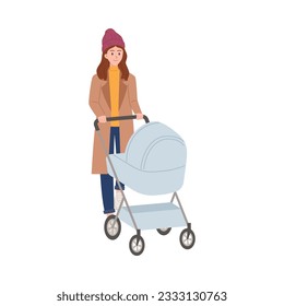 Young mother walking with a baby in stroller, flat vector illustration isolated on white background. Walking carriage or stroller for babies and newborn children.